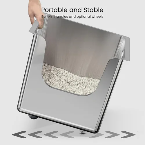 Vista 8 de Caja de arena de acero inoxidable con lados altos de 11.8 pulgadas, caja de arena de metal XL para gatos con entrada baja curva, bandeja de arena