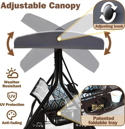 Vista 5 de ZZW Columpio de Patio para 3 Personas Columpio Exterior para Adultos con Toldo Ajustable y Portavasos Mejorados Tela Textilene Silla Columpio de Gris
