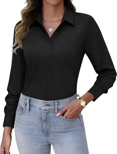 Vista 12 de HOTOUCH Camisas con botones para mujer, de manga larga, elásticas, sin arrugas, blusas de trabajo, ajustadas, para la oficina