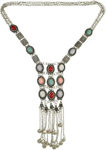Vista 6 de BOLERPE Collar tribal étnico bohemio largo turquesa para mujer Vintage Retro Rhinestone (Plata), Plástico Metal Estrás, No es una piedra preciosa