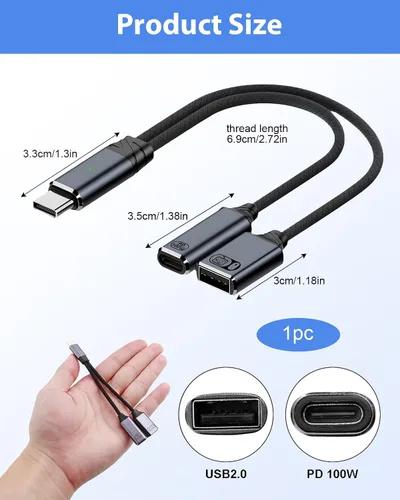 Vista 2 de Adaptador USB C a USB OTG, divisor USB-C 2 en 1 con puerto de carga rápida PD de 100 W y puerto USB hembra compatible con iPhone 16/15, iPad
