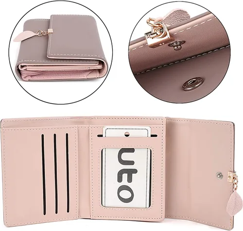 Vista 132 de UTO - Cartera pequeña RFID de piel sintética con dije de hoja, cierre de cremallera y tarjetero.