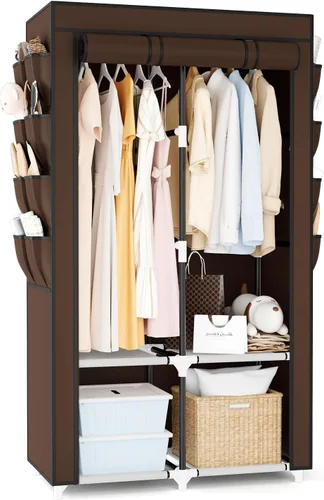 Vista 11 de Armario portátil para colgar ropa, armario portátil con tapa, 4 estantes de almacenamiento, 2 varillas para colgar y 8 bolsillos laterales, fácil