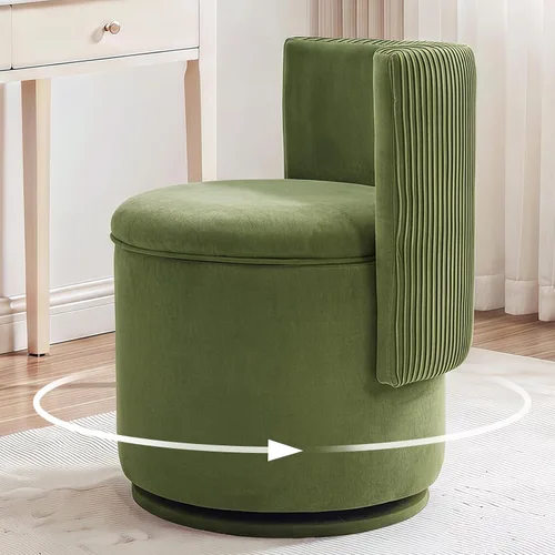 Vista 11 de Furniliving Silla de tocador de terciopelo con almacenamiento, silla giratoria de 360° con respaldo ondulado, moderno taburete de tocador de barril