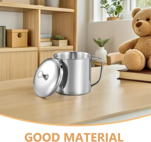 Vista 3 de Amosfun Taza de agua de acero inoxidable con tapa y asa de 4.33 x 3.14 pulgadas, taza de leche de metal para café, té, hogar, oficina, viajes