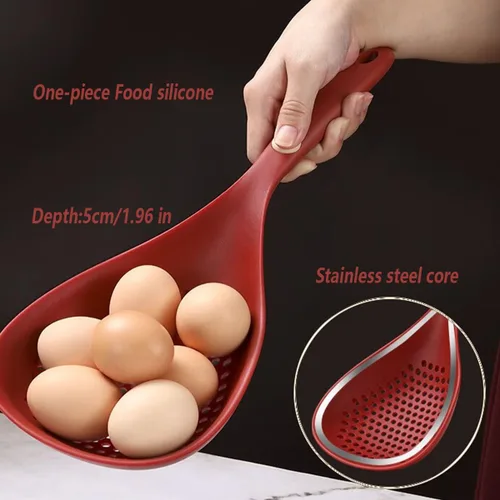 Vista 3 de Utensilios de cocina, colador de alimentos de silicona con asa, cuchara coladora grande, cuchara ranurada, resistente al calor para alimentos