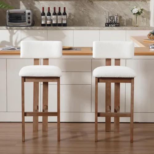 Vista 8 de Shunzhi Juego de 2 taburetes de bar tapizados de felpilla blanca con respaldo/patas de madera maciza, modernas sillas de bar altas para isla