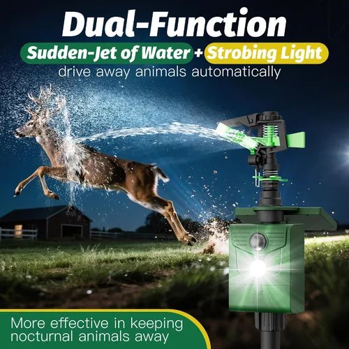 Vista 3 de Repelente de animales activado por movimiento con rociador de agua y luz intermitente, repelente de ciervos y gatos de energía solar, disuasorio