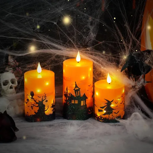 Vista 5 de Sasigeiaa - Velas sin llama de Halloween con control remoto - Velas LED naranjas y luces de cadena, juego de 3 que funcionan