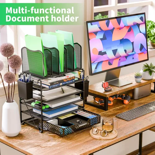 Vista 2 de Simple Trending – Organizador de archivos de escritorio de malla metálica de 5 niveles, bandejas para papel tamaño carta con cajón deslizante