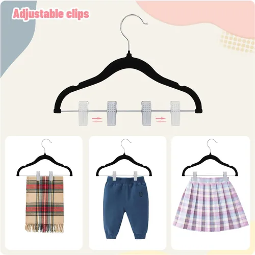 Vista 4 de ManGotree Perchas de terciopelo para bebé de 11.8 pulgadas con clips movibles, perchas de fieltro antideslizantes para niños, perchas de ropa