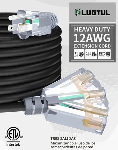 Vista 2 de Cable de extensión de calibre 12 de 2 pies con 3 salidas Paquete de 3 cables de extensión resistentes al agua para exteriores con extremo Negro