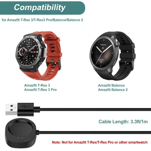 Vista 2 de para Amazfit T-REX 3 Charger, cable de carga de repuesto para Amazfit T-Rex 3/T-Rex3 Pro/Balance/Balance 2/Helio Smartwatch