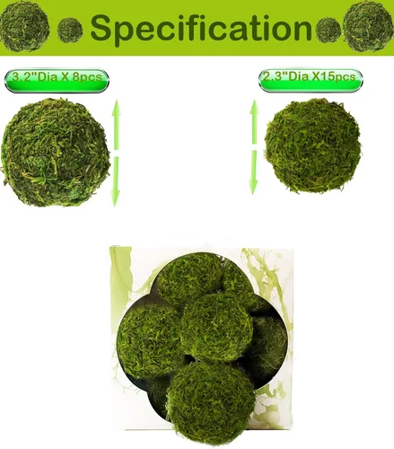 Vista 3 de Paquete de 21 bolas de musgo verde, 8 bolas decorativas de 3.2 pulgadas para llenar cuencos, 13 bolas de musgo falsas de 2.3 pulgadas para centro