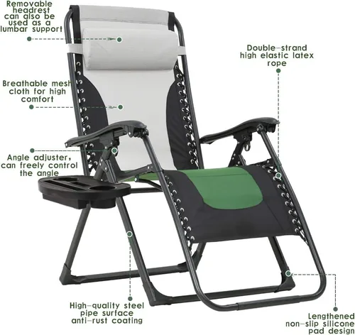 Vista 5 de FDW Piscina cubierta camping (verde) Anti gran tamaño Zero Gravity Chair XL para patio