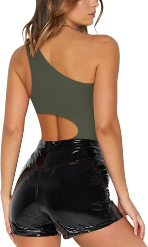 Vista 3 de REORIA Womens Sexy One Shoulder Cutout Waist Double Lined Sleeveless Going Out Tank Top Bodysuits
