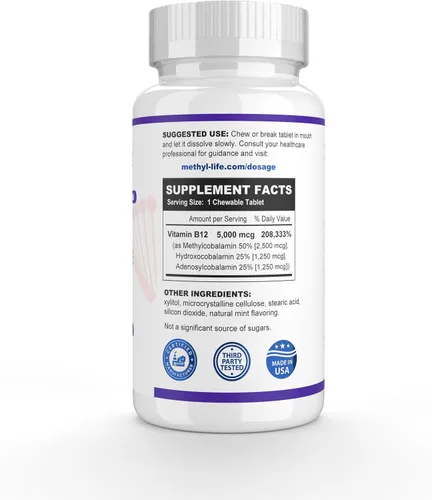 Vista 2 de Methyl-Life® B12 Complete – 5000 mcg de metilcobalamina + hidroxi B12 + adenosilcobalamina Vegano, sin OMG, sin gluten 90 tabletas masticables
