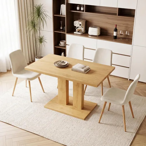 Vista 14 de HIPIHOM Mesa de comedor moderna de 46 pulgadas, mesa de cocina rectangular con acabado de roble, mesa de comedor compacta para 4, construcción