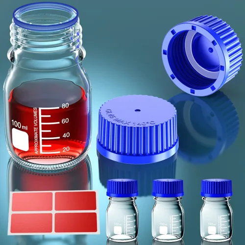 Vista 3 de GL25 - Botellas redondas de almacenamiento de medios de 0.8 fl oz con tapa de rosca azul GL25, anillo de vertido de PP y junta de silicona