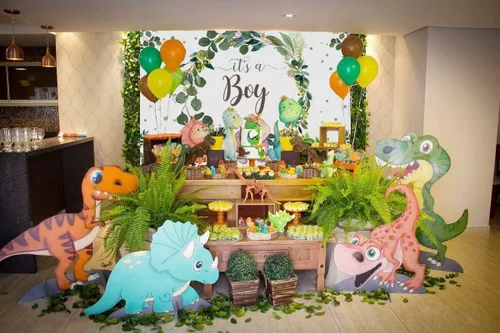 Vista 5 de Decoraciones de dinosaurio para baby shower para niño, telón de fondo de dibujos animados, cactus y hojas de eucalipto, fondo de fotografía