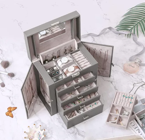 Vista 2 de BEWISHOME Joyero grande de 5 niveles organizador de joyas con espejo de cerradura para mujeres y niñas cajas de joyería para collares anillos aretes