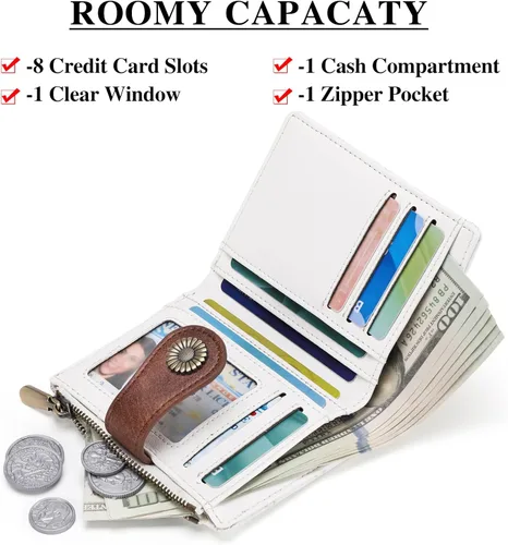 Vista 2 de FALAN MULE Billetera pequeña para mujer, plegable, con bloqueo RFID, portatarjetas de piel con bolsillo con cremallera para monedas Blanco/Marrón