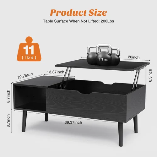 Vista 2 de [Usado] Sweetcrispy Mesa de centro elevable negra para sala de estar, mesas centrales de comedor de madera con estante de almacenamiento