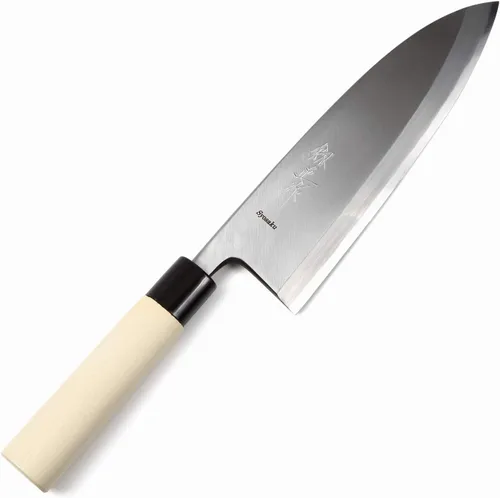 Vista 8 de Filete japonés de sushi mejor cuchillo de chef afilado Kigami (acero amarillo)-No.2 mango de madera de magnolia en forma de D, Deba 7.7 pulgadas