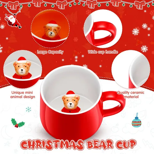 Vista 3 de Sliner Divertidas tazas de Navidad en 3D con animal en el interior, 13.5 onzas, hechas a mano, taza de café de cerámica, bonita figura de dibujos