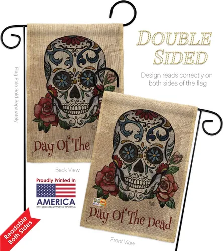 Vista 3 de Bandera de arpillera para jardín del Día de los Muertos, fiesta mexicana, otoño, pequeño regalo, decoración para patio, casa, de doble cara