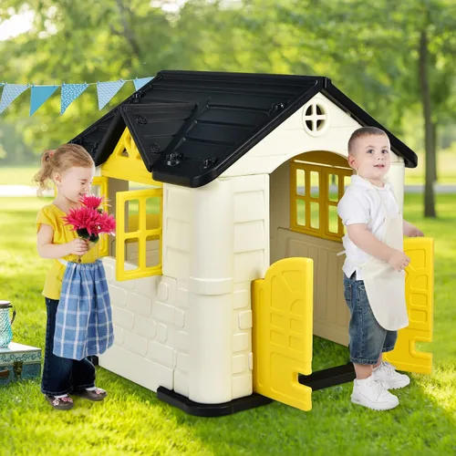 Vista 6 de Costzon Casa de juegos para niños, juegos de jardín al aire libre con puertas y ventanas de trabajo, casa de juguetes de simulación con mesa