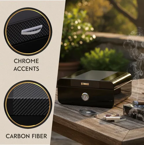 Vista 4 de Bey-Berk Dylan Humidor de puros con diseño de fibra de carbono, caja de 40 puros forrada de cedro español con higrómetro y humidificador, color negro
