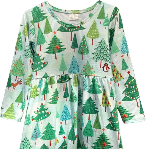 Vista 2 de Vestido de Navidad para niña pequeña, muñeco de nieve, árboles de Navidad, camión, a cuadros, reno, Papá Noel, vestido de invierno hasta la rodilla