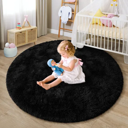 Vista 4 de EVOIONOS Alfombra Redonda Negra para Dormitorio, 4x4 Pies Alfombra de Área Circular Suave y Esponjosa para Sala de Estar, Alfombra Circular de Felpa