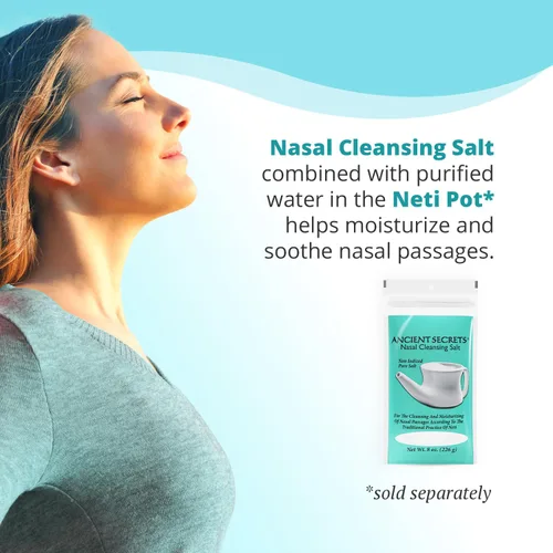 Vista 5 de Ancient Secrets Sal limpiadora nasal, no yodada, cloruro de sodio de grado USP para cualquier olla Neti, sistema de riego sinusal, 8 onzas