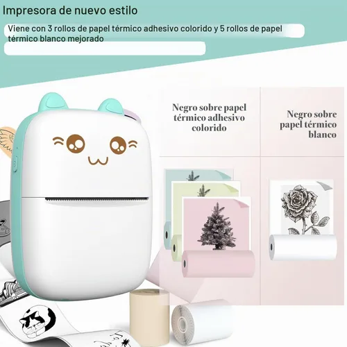 Vista 5 de Mini impresora portátil, impresora de pegatinas sin tinta con 8 rollos de papel, mini impresora térmica inalámbrica Bluetooth compatible con iOS +