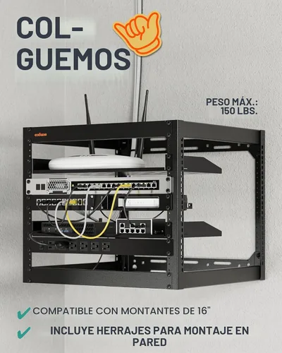 Vista 3 de ECHOGEAR Bastidor de red de 10U - Diseño de 4 postes resistente para montaje en pared, con estructura abierta que incluye 2 estantes ventilados