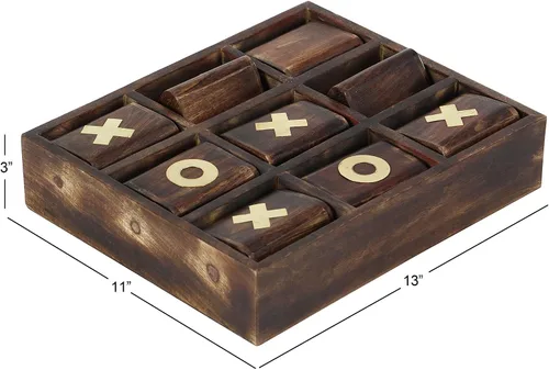 Vista 4 de Deco 79 Juego de Tic Tac Toe de madera de mango con incrustaciones doradas, 11 x 13 x 3 pulgadas, marrón oscuro
