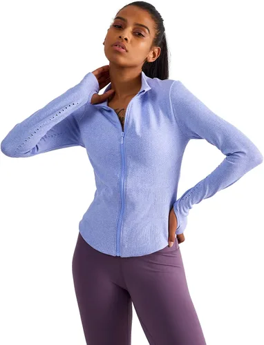 Vista 2 de Chaqueta deportiva de manga larga para mujer, con cremallera completa, para correr, entrenamiento, yoga, ropa deportiva con agujeros para el pulgar