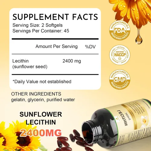 Vista 2 de JulyDeer Lecitina de girasol 2400 mg 90 cápsulas blandas ricas en fosfatidilcolina, sin OMG, sin soja, suplemento sin gluten, soporte del sistema