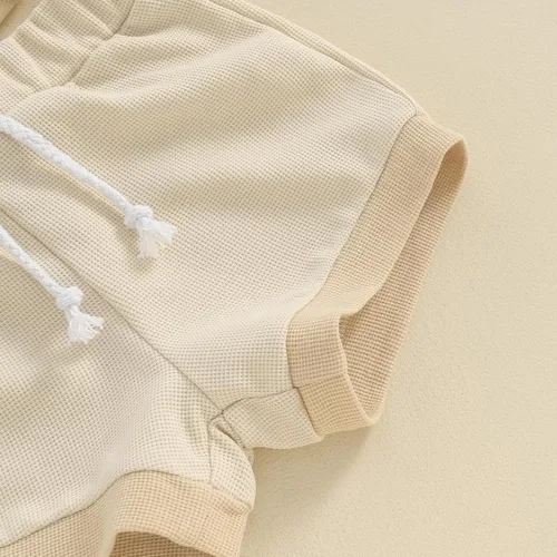 Vista 5 de Ropa de verano para recién nacido, ropa acanalada de manga corta, pantalones cortos de cintura elástica sólida, traje de primavera