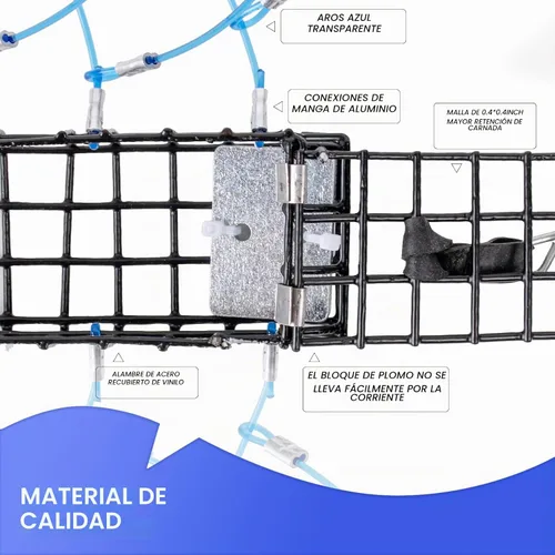 Vista 4 de Trampas para cangrejo con 6 bucles, bloque de acero galvanizado de 1 onza, caja rectangular para cangrejo para Dungeness, roca, cangrejo azul