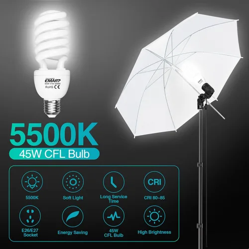 Vista 3 de EMART Sistema de soporte de fondo de 6.5 x 10 pies, kit de iluminación profesional para fotografía con foco CFL de 45 W, paraguas, fondo de 6 x 9