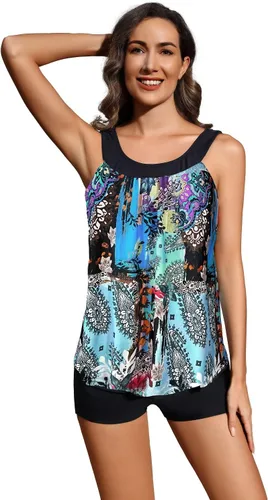 Vista 5 de REKITA Trajes de baño tankini fluidos para mujer, trajes de baño tankini para traje de baño de dos piezas, camiseta sin mangas con pantalones cortos