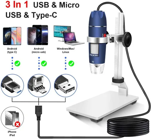 Vista 2 de Jiusion 40-1000X - Cámara de microscopio digital USB, 8 unidades LED con adaptador de soporte profesional, compatible con Mac Windows XP 7 8 10 11