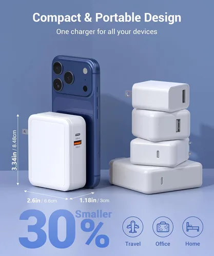 Vista 5 de Cargador USB C retráctil de pared con cables tipo C, carga rápida de 65 W, multipuerto de ladrillo esencial de viaje para Mac Book Pro/Air, iPhone