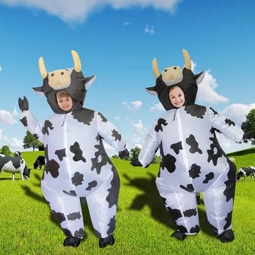 Vista 7 de Stegosaurus Disfraz inflable de vaca para niños, disfraces inflables de Halloween para niños, divertido traje de vaca para niños y niñas, fiesta