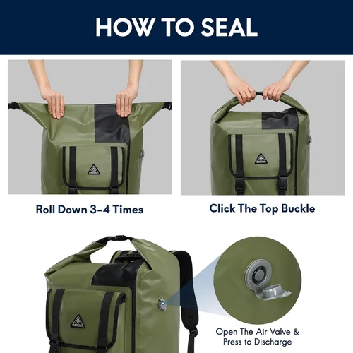Vista 4 de Haimont Mochila enrollable 100% impermeable de gran capacidad IPX7, bolsa seca con bolsillos y válvula de aire, kayak, campamento, 60/100L