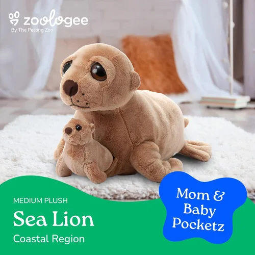 Vista 2 de The Petting Zoo Peluche de león marino para mamá y bebé, regalos para niños, animales del océano Pocketz, juguete de peluche de león marino de 14