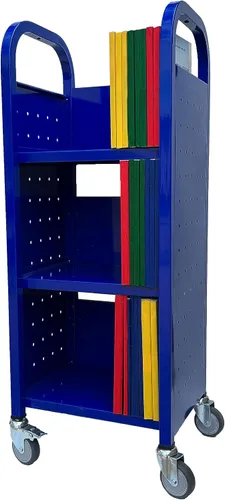 Vista 11 de Workington Carrito de libro con ruedas de un solo banco con 3 estantes planos, carrito de libros de biblioteca con ruedas giratorias bloqueables